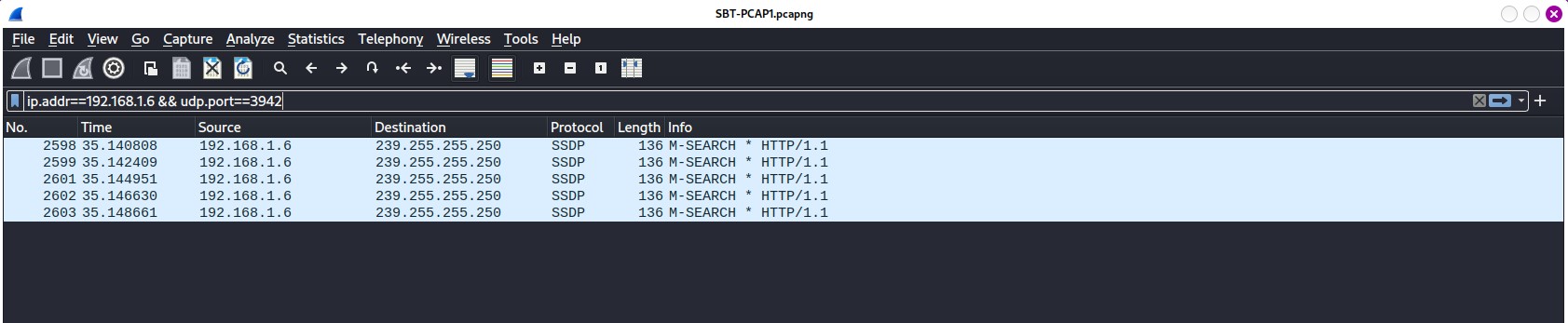 Figure 1.3 — Filtered result on port 3942 of SBT_PCAP1.pcap file