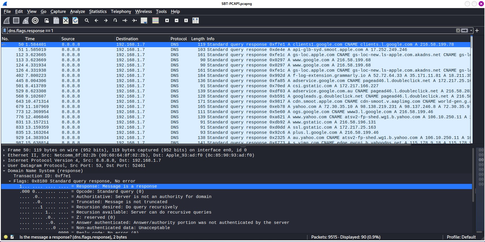 Figure 3.1 — DNS response filtered of SBT_PCAP1.pcap file